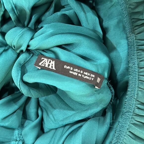 ZARA emerald green turquoise dress satin mock neck pleated ruched NWOT S - Picture 7 of 10